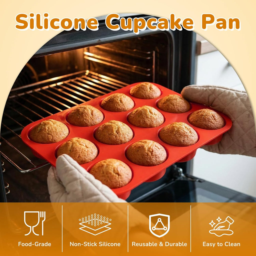 Skiennix Silicone Cupcake Pan - Nonstick 12-Cup Muffin Pans | Durable & Flexible, Easy to Clean, Red