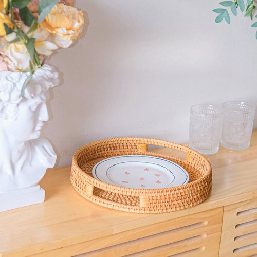 14'' Decorative Serving Tray, Natural Round Rattan Tray with 2 Handles, Hand Woven Tray for Coffee Table, Fruit, Remote Controls, Keys and Home Decor