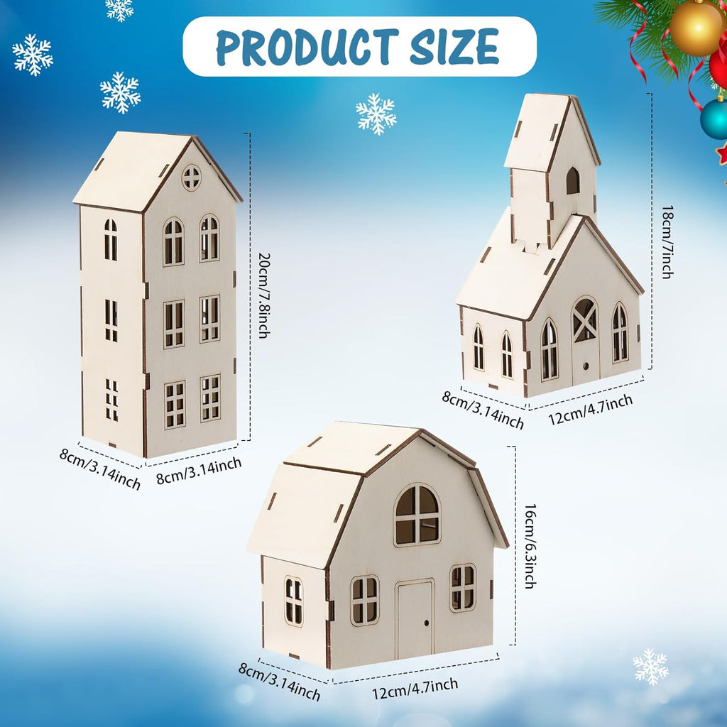 Wonderjune DIY Christmas Village Set - 3 Large 8-Inch Wooden Houses for Holiday Crafts & Decorations