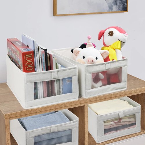 Fordonral Linen Storage Bins - 4 Pack Organizing Containers for Clothing, Toys & Books | Large Size with Window