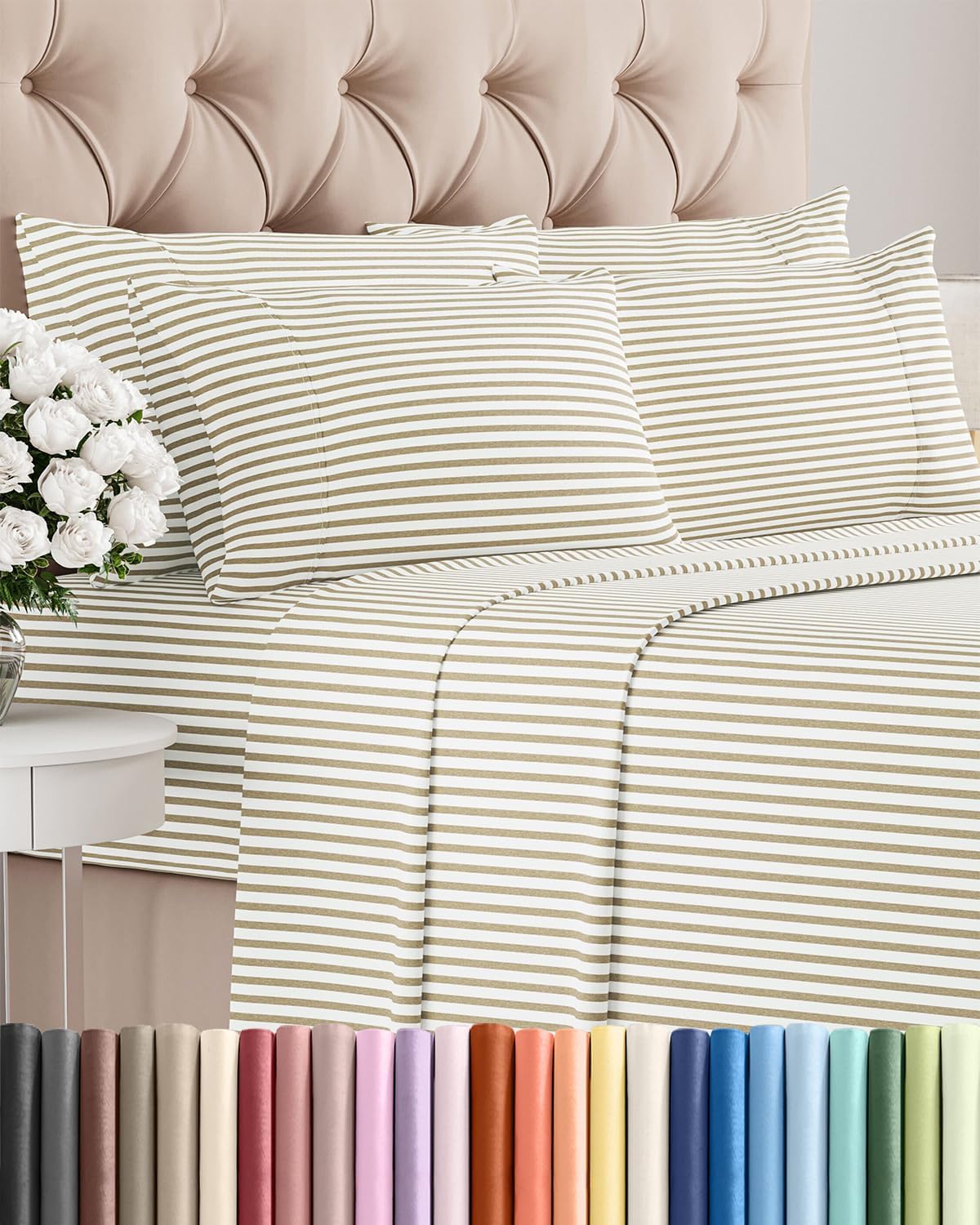 Skiennix Queen 6 Piece Sheet Set - Comfy, Breathable Cooling Luxury Bedding - Beige Stripes