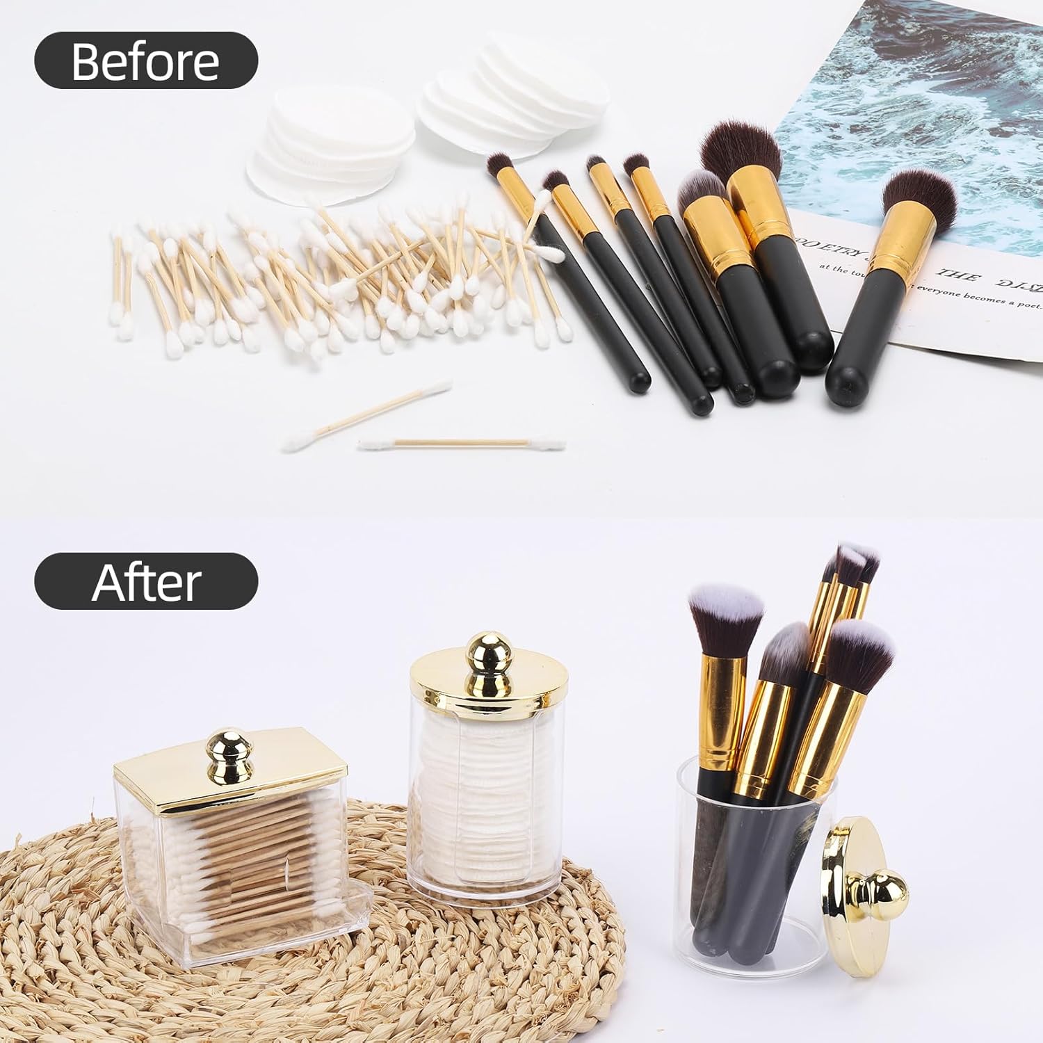 Tbestmax Q-Tips Dispenser | 3-Pack Bathroom Organizers - Plastic Apothecary Jars with Gold Lids