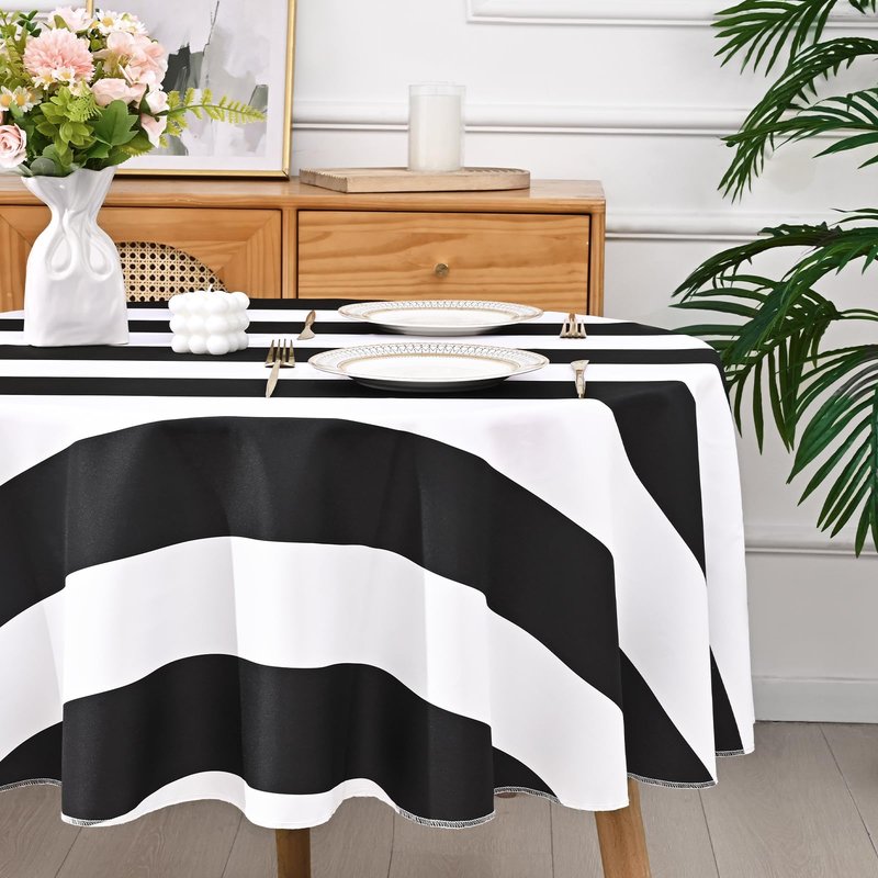 ASPMIZ Black and White Striped Tablecloth for Round Tables, Geometric Stripe Waterproof Table Cloth for Kitchen Dining Room, Polyester Tablecloth Round 60”