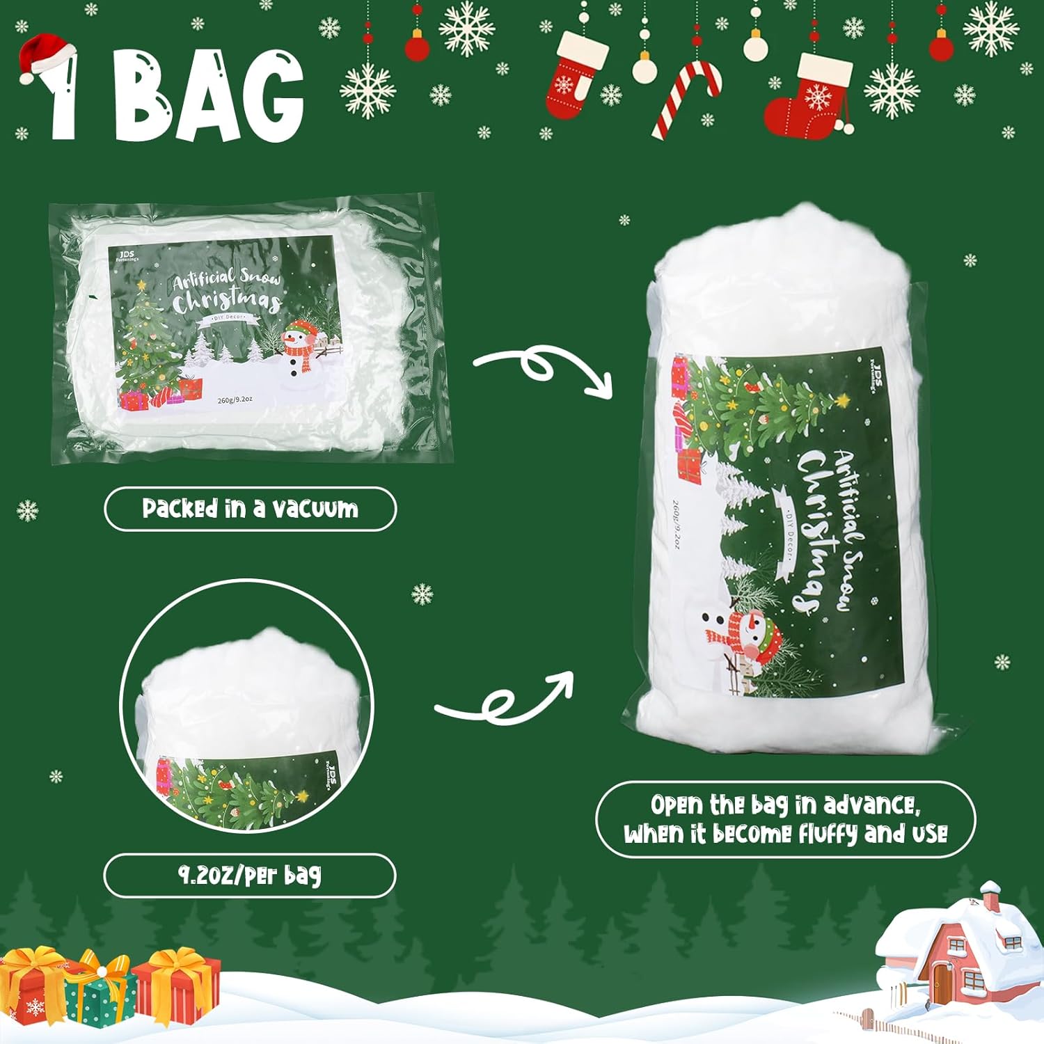 Skiennix Christmas Fake Snow - 9.2oz Fluffy Artificial Snow for DIY Tree Decor & Winter Displays
