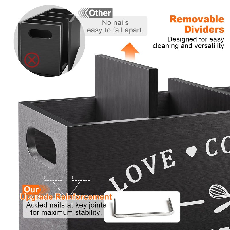 Extra Large Utensil Holder for Kitchen Counter with 4 Compartments, Kitchen Cooking Utensils Holder for Countertop,Black Wooden Utensil Caddy for Farmhouse Spatula,Cutlery,Wood Wall Mounted Organizer