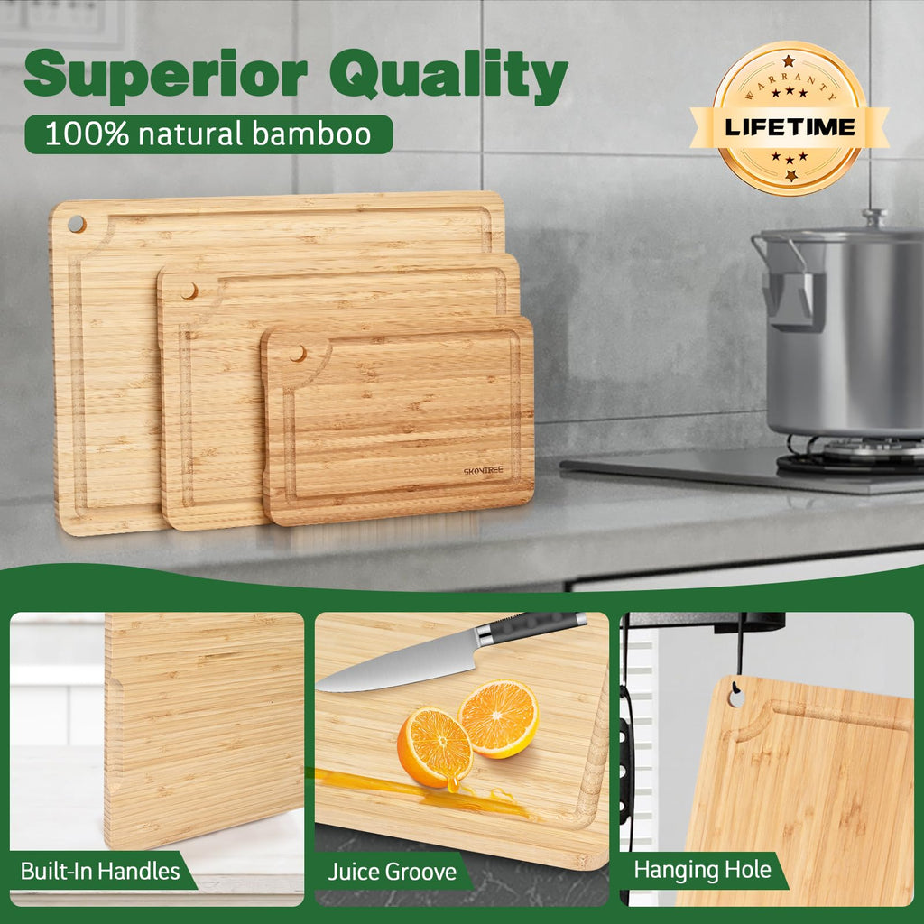Skovtree Small Bamboo Cutting Boards for Kitchen, Cutting Board with Handle, Juice Groove for Fruits Chopping, Mini Lightweight 9"L x 6"W
