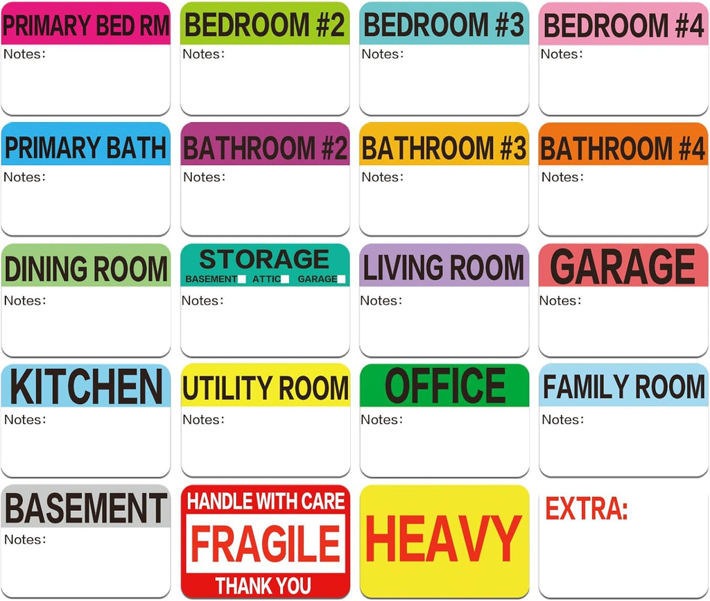 Skiennix 600 Count Large Home Moving Packing Box Labels - Color Coded for 3-4 Bedroom Houses | Writable Notes & Fragile Stickers