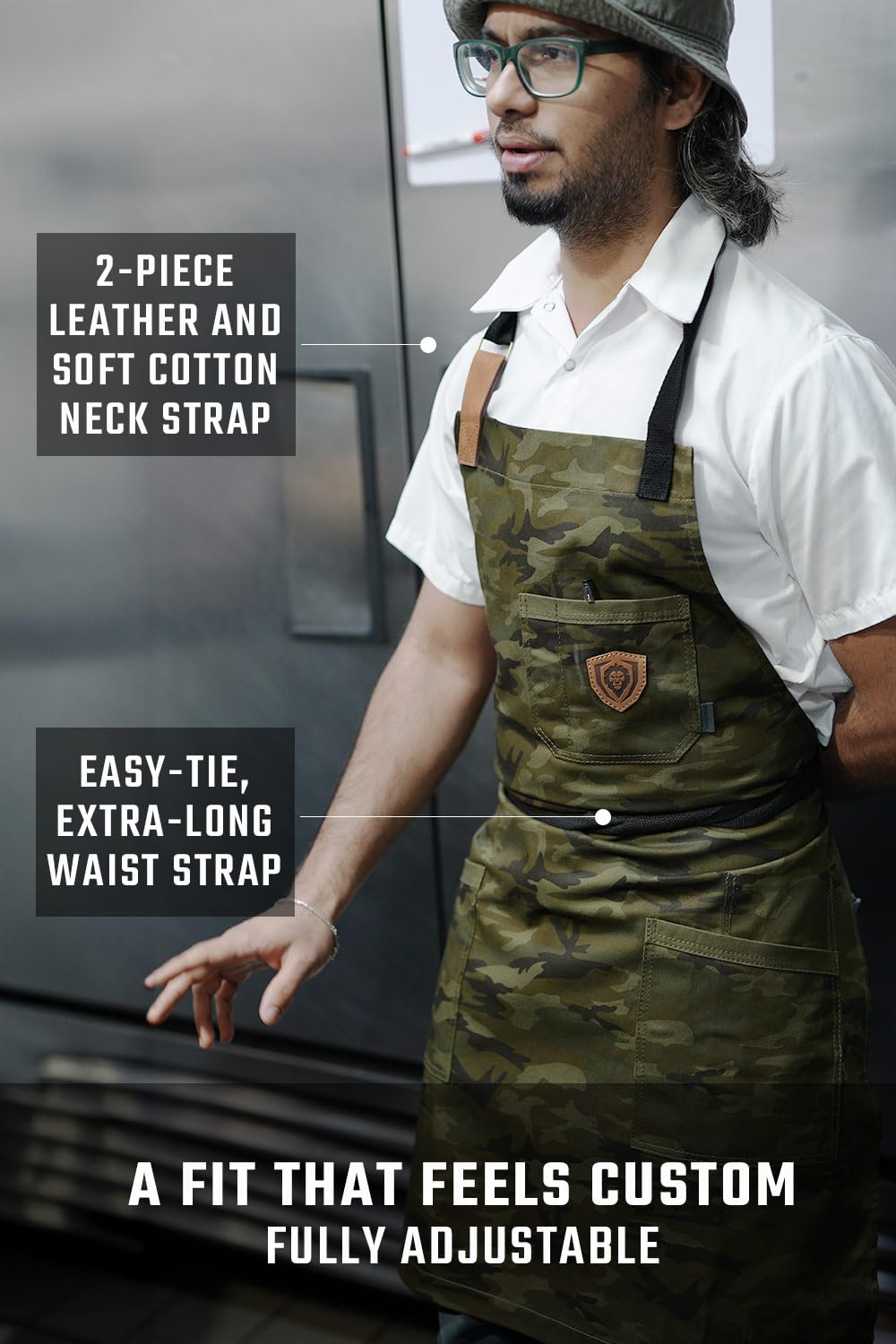 Dalstrong Professional Chef's Kitchen Apron - 4 Storage Pockets - 100% Poly-Cotton Camouflage - The Kitchen Rambo - Liquid Repellent Coating - Genuine Leather Accents - Adjustable Straps