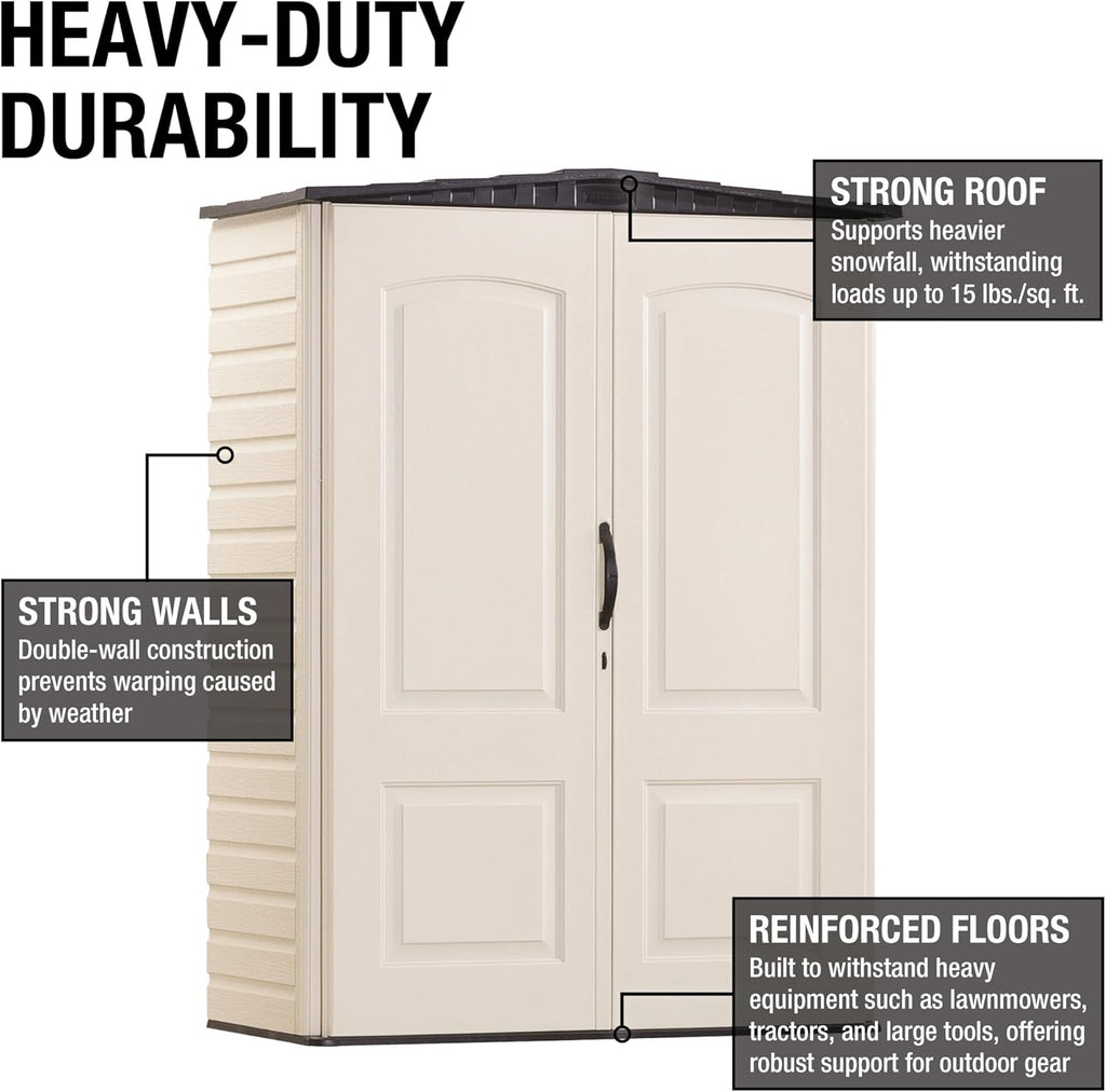 Rubbermaid Small Vertical Resin Outdoor Storage Shed - Weather Resistant Beige/Brown | 2.3 x 4.6 Ft for Garden Tools & Patio Cushions