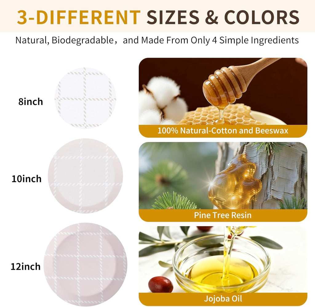 Skiennix Reusable Bowl Covers - 3pc Beeswax Set, 100% Organic Cotton, Elastic Fit for 8/10/12 Inch Bowls