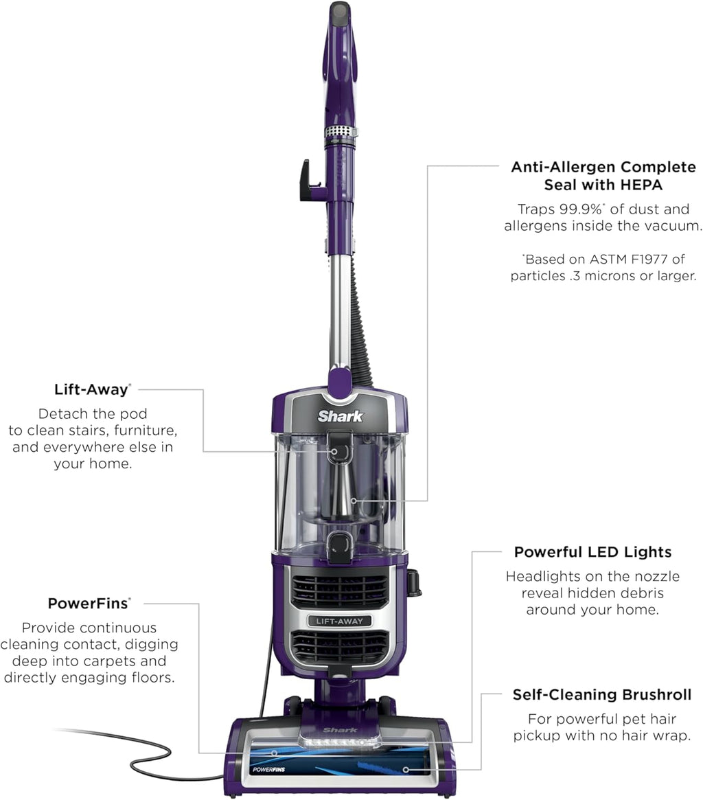 Shark Lift-Away Upright Vacuum - PowerFins & Self-Cleaning Brushroll | Anti-Allergen Technology, Eggplant