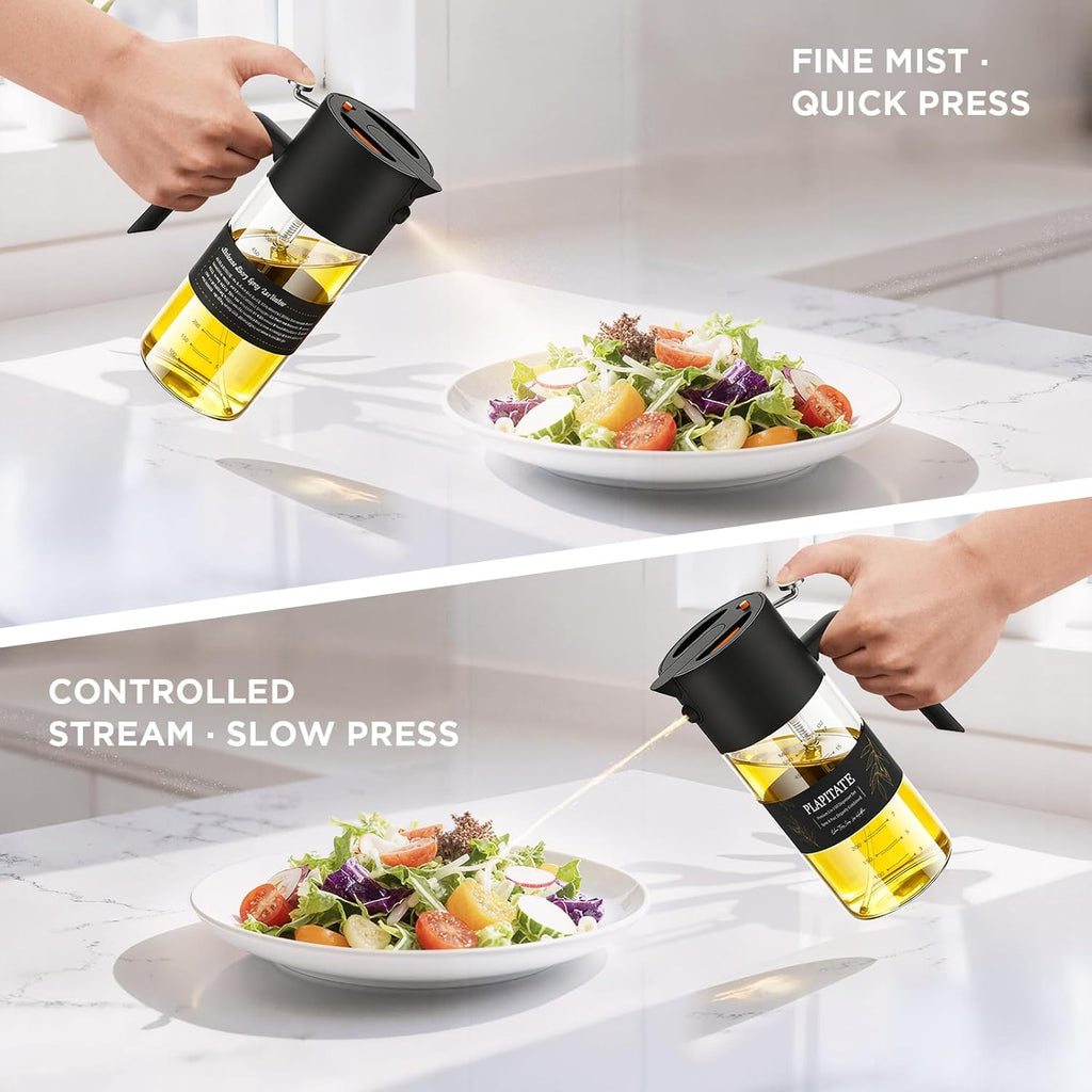 PLAPITATE Premium Olive Oil Sprayer - 2-in-1 Glass Dispenser with Portion Control | 17oz Black
