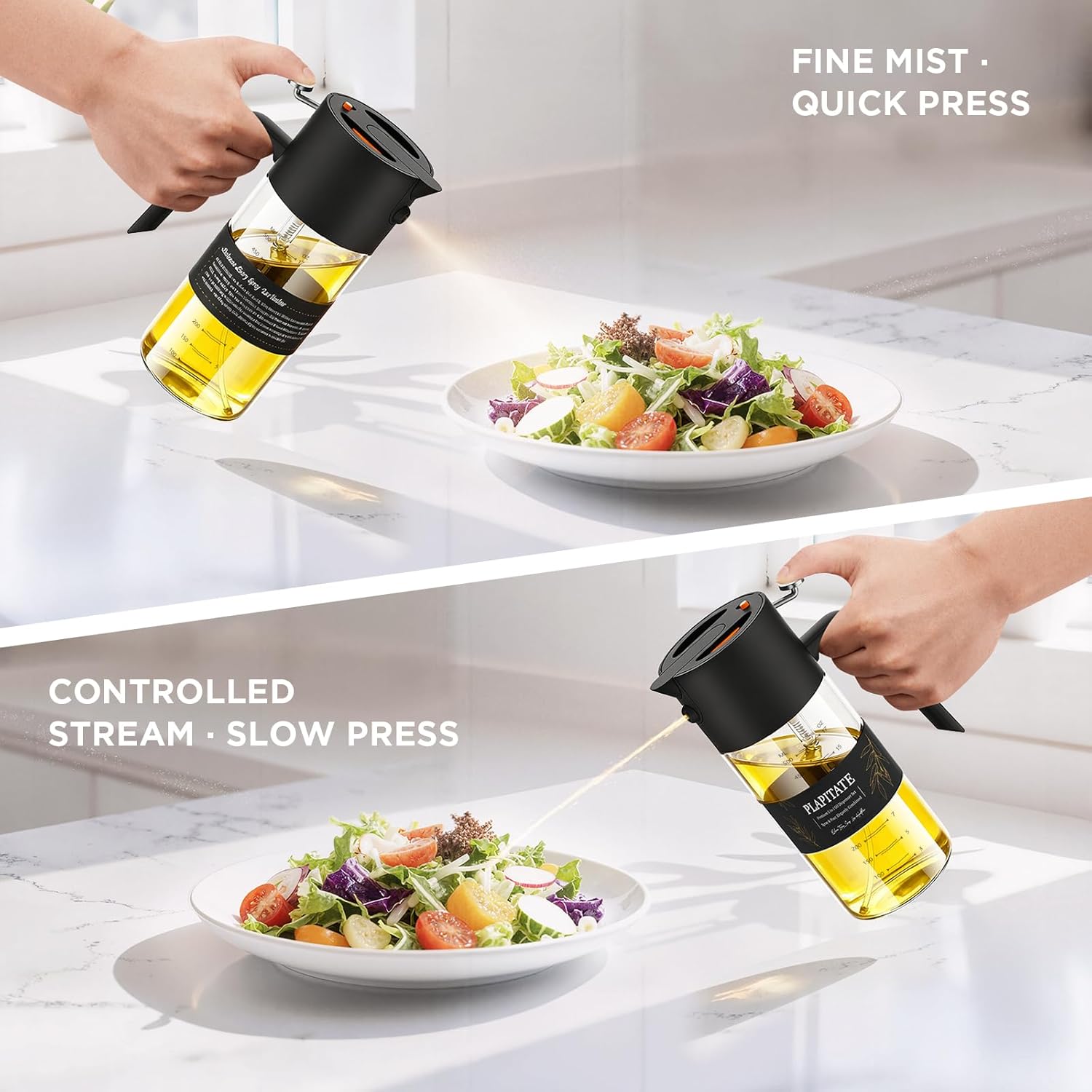 PLAPITATE Premium Olive Oil Sprayer - 2-in-1 Glass Dispenser with Portion Control | 17oz Black