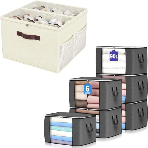Budding Joy 90L Large Storage Bags - 6 Pack Foldable Closet Organizers & 2 Pack Clear Shoe Storage