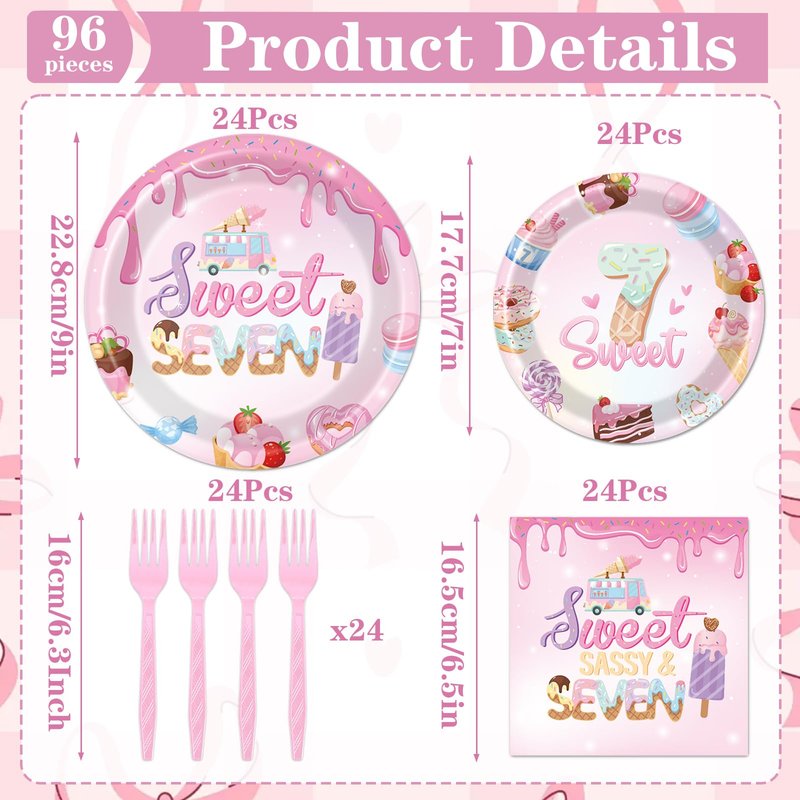 Sweet Sassy and Seven Birthday Decorations Tableware - 7th Birthday Decoration for Girls Disposable Paper Plates and Napkins Decor 7 Years Old Girl Forks Supplies Serve 24