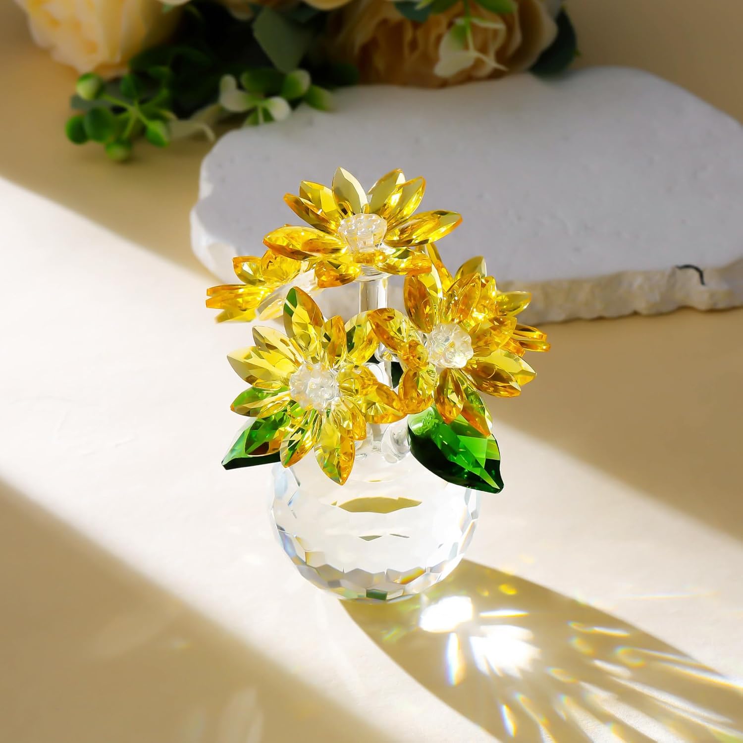 YWHL Handmade Yellow Crystal Flower Figurine - Elegant Glass Gift for Women | Perfect for Weddings & Holidays