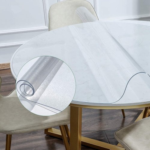 NECAUX 56 Inch Round Frosted Table Cover Protector, 1.5mm Thick Upgraded Version, Unshrinkable Non-Slip Waterproof Oil Proof Plastic Tablecloth Protector for Wood Grain Dining Room Table Meeting Table