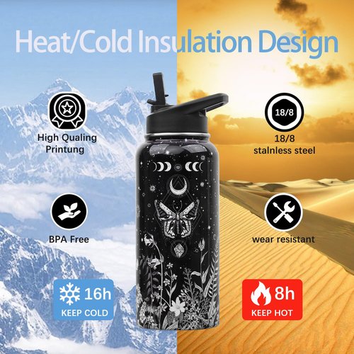 Insulated Goth Water Bottle 32 oz, Goth Gifts for Women, Halloween Gothic Water Bottle with Straw and Lid, Reusable Leakproof Water Bottle Stainless Steel