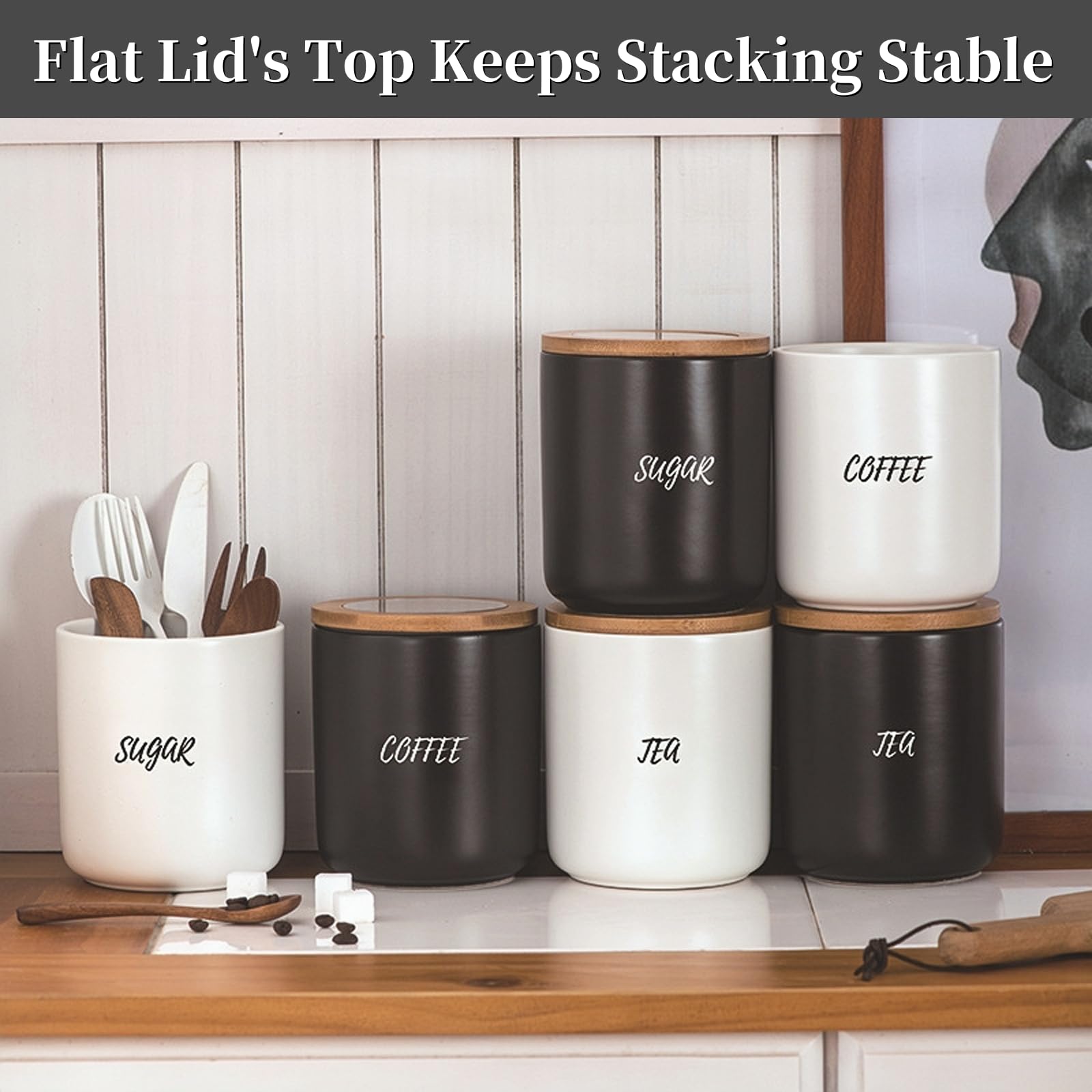 Coffee Tea Sugar Canisters, Kitchen Canister Sets for Kitchen Counter for the Kitchen Countertop, Set of 3 Ceramic Food Storage Jar with Lid, Coffee Tea Sugar Containers (Black)