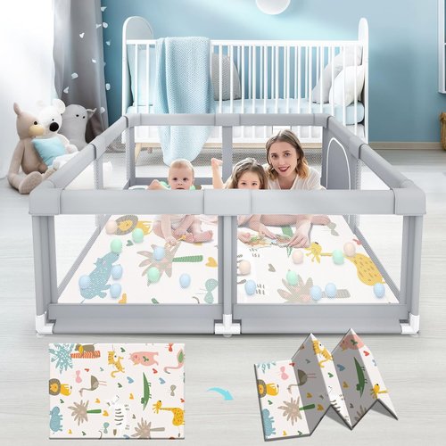 Fshibila Baby Playpen - Sturdy Indoor & Outdoor Safety Play Yard with Soft Mesh - 50x50x27 inches Grey
