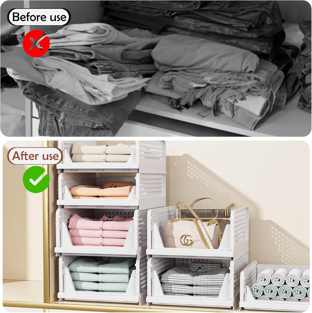 Skiennix Folding Closet Organizers - Stackable Storage Bins for Wardrobe & Office | White - 4 Pack