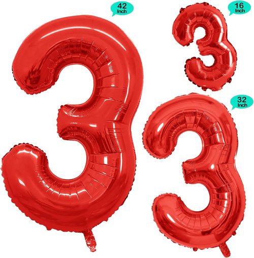 GOER Red Foil Number 1 Balloons - Huge 3rd Birthday Party Decorations | 42", 32", 16" Sizes (3 pcs)