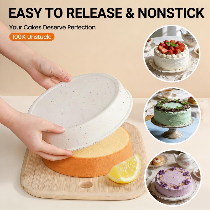 SJ 8 Inch Silicone Round Cake Pan with Metal Reinforced Frame Set of 3, Nonstick Silicone Cake Mold for Baking Suitable for Making Layers, Cheese & Chocolate Cakes