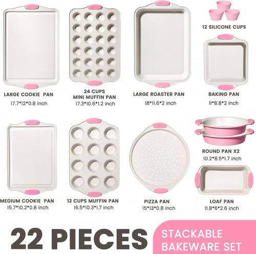 Kikcoin Nonstick Baking Pans Set - 22 PCS Stackable Bakeware with Silicone Handles | Oven Safe to 450°F, Pink