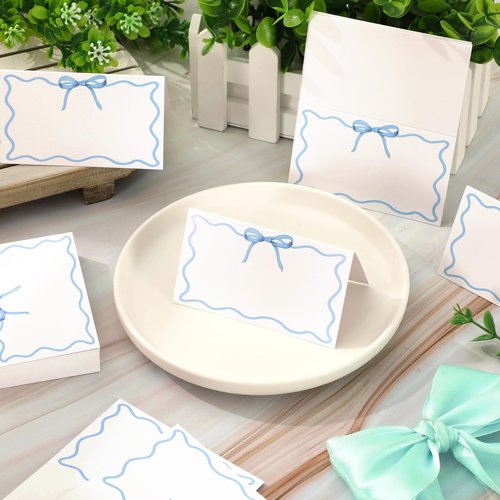 Whaline 100Pcs Blue Bow Place Card 2 x 3.5 Inch Cute Bowknot Tented Card Table Name Sign for Party Banquet Reception Table Setting Supplies