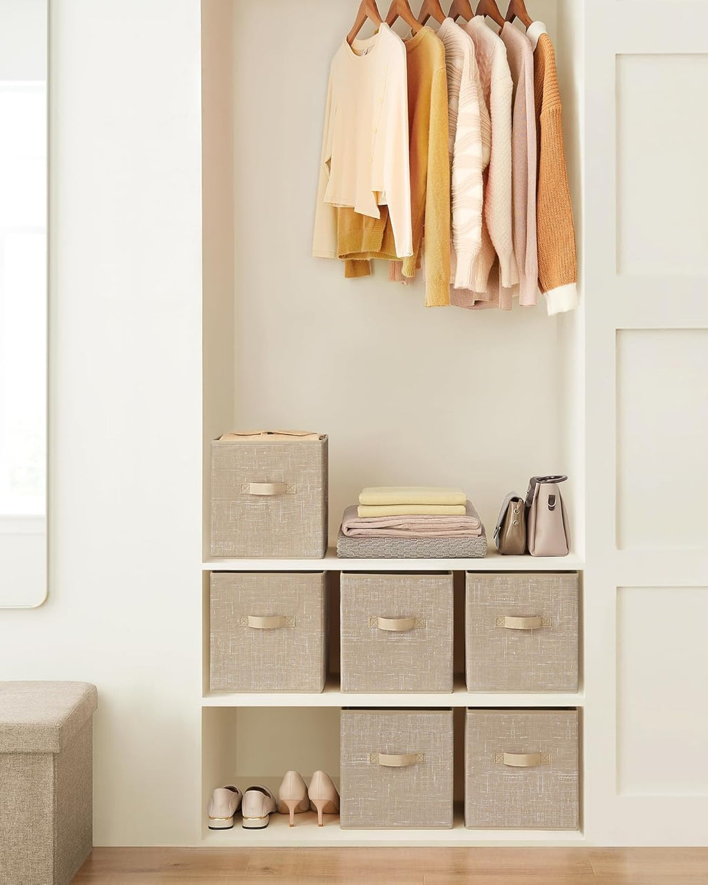 SONGMICS Storage Cubes - 11-Inch Non-Woven Fabric Bins with Double Handles - Set of 6, Sand Beige Closet Organizers