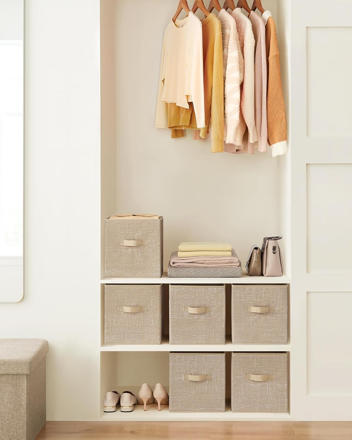 SONGMICS Storage Cubes - 11-Inch Non-Woven Fabric Bins with Double Handles - Set of 6, Sand Beige Closet Organizers