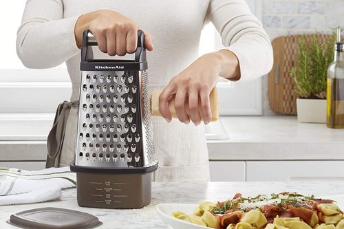 KitchenAid Gourmet 4-Sided Stainless Steel Box Grater with Detachable Storage Container, 10 inches tall, Black and KitchenAid KE199OHOBA Classic Multifunction Can Opener / Bottle Opener, 8.34-Inch, Black