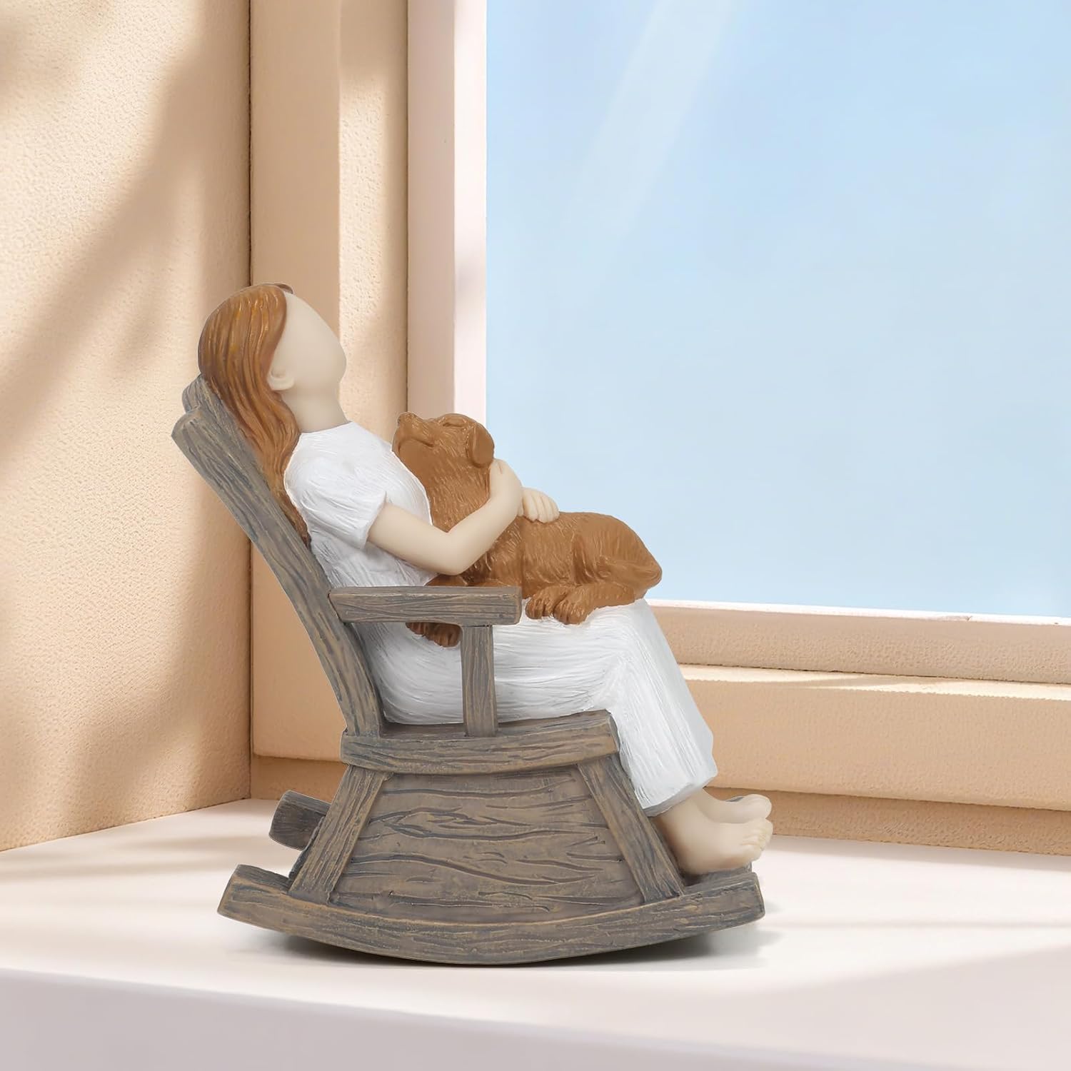 Skiennix Dog Lover Gift - Hand-Painted Figurine of Girl & Loyal Brown Dog on Rocking Chair | Cozy Home Decor Statue