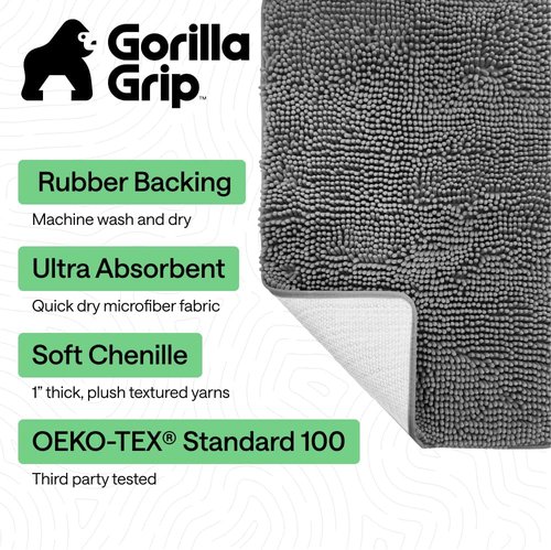 GORILLA GRIP Bath Rug Mat - Thick Soft Absorbent Chenille | Quick Dry Microfiber, 24x17, Grey
