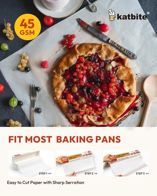 Katbite Parchment Paper Roll - 2 Pack of 15in x 242ft Non-Stick Baking Paper with Serrated Cutter for Cooking & Air Frying