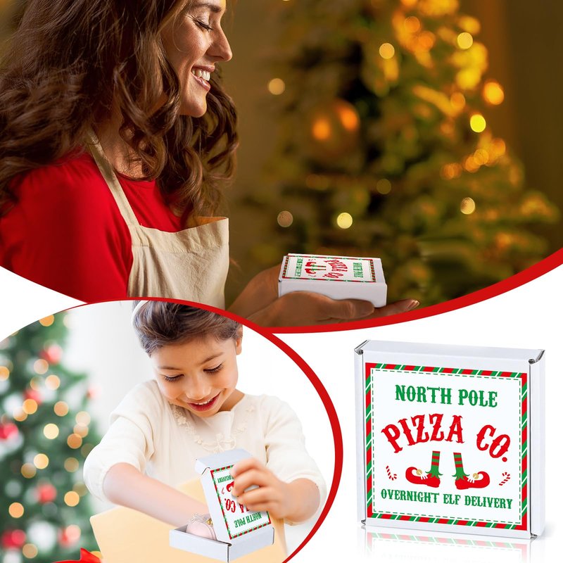Tioncy 100 Pcs 3.54 x 3.54 x 0.78 Inch Mini Pizza Box with Elf Stickers - Square Flat Cardboard Cookie Pizza Box for Christmas, Birthday Party Favors, Valentines Day