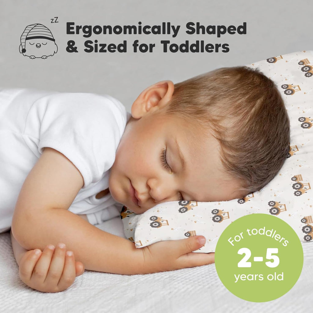 My Little Dreamy Toddler Pillow - Organic Cotton Travel Pillow with Soft Pillowcase | 13x18, Machine Washable, Ideal for Ages 2-5 (Tractor)