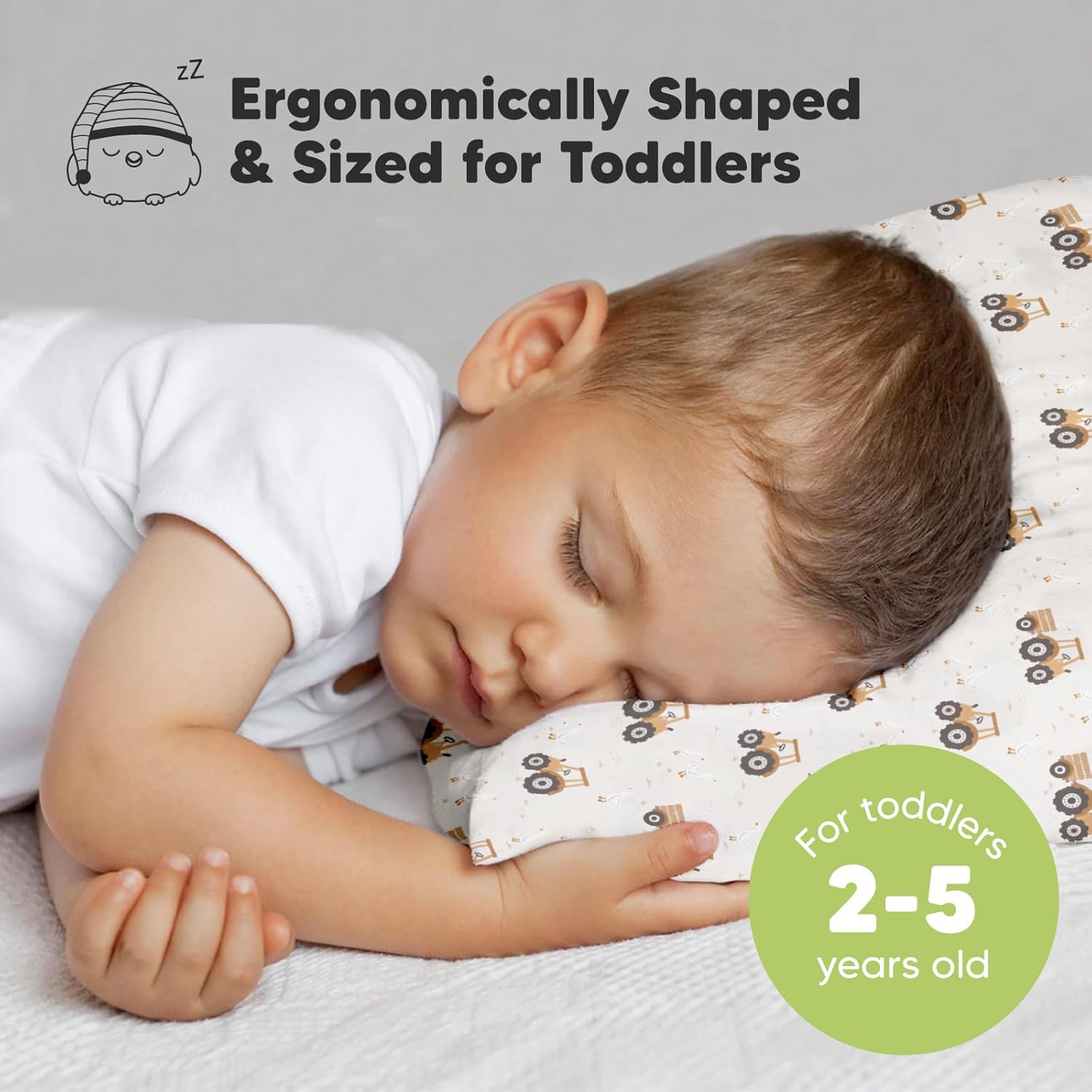 My Little Dreamy Toddler Pillow - Organic Cotton Travel Pillow with Soft Pillowcase | 13x18, Machine Washable, Ideal for Ages 2-5 (Tractor)