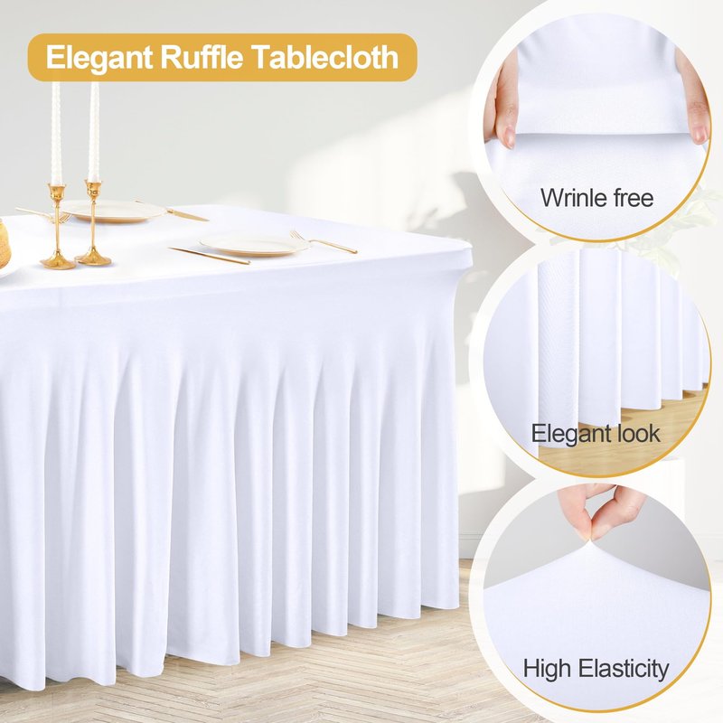 PARTISKY 4 Pack White Spandex Table Cloths for Rectangle Tables 8ft, White Table Skirt for Party, Table Cover with Skirt for Wedding Folding Table Banquet Baby Shower & Birthday Parties