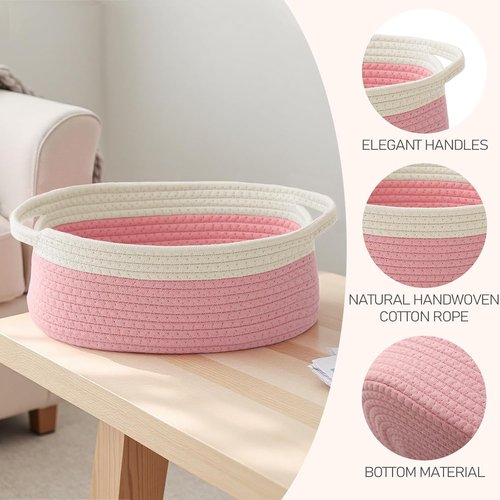 JMvicyroam Woven Basket - Small Rope Storage Bin with Handles for Organizing Shelves | White & Pink - 3 Pack