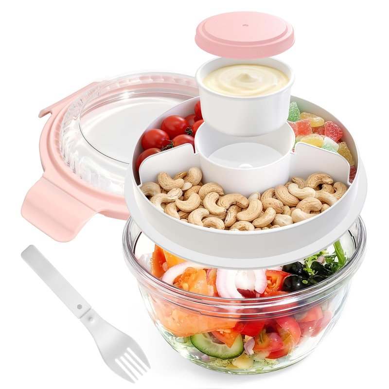 WHALEHOUSE Clear Eco-friendly SK chemicals ECOZEN Salad Container, 33OZ Portable Plastic Salad Bowls with Lid & Snack Tray, Leak-Proof Dressing Container, Reusable Fork, Lunch Box for Meal Prep (Pink)