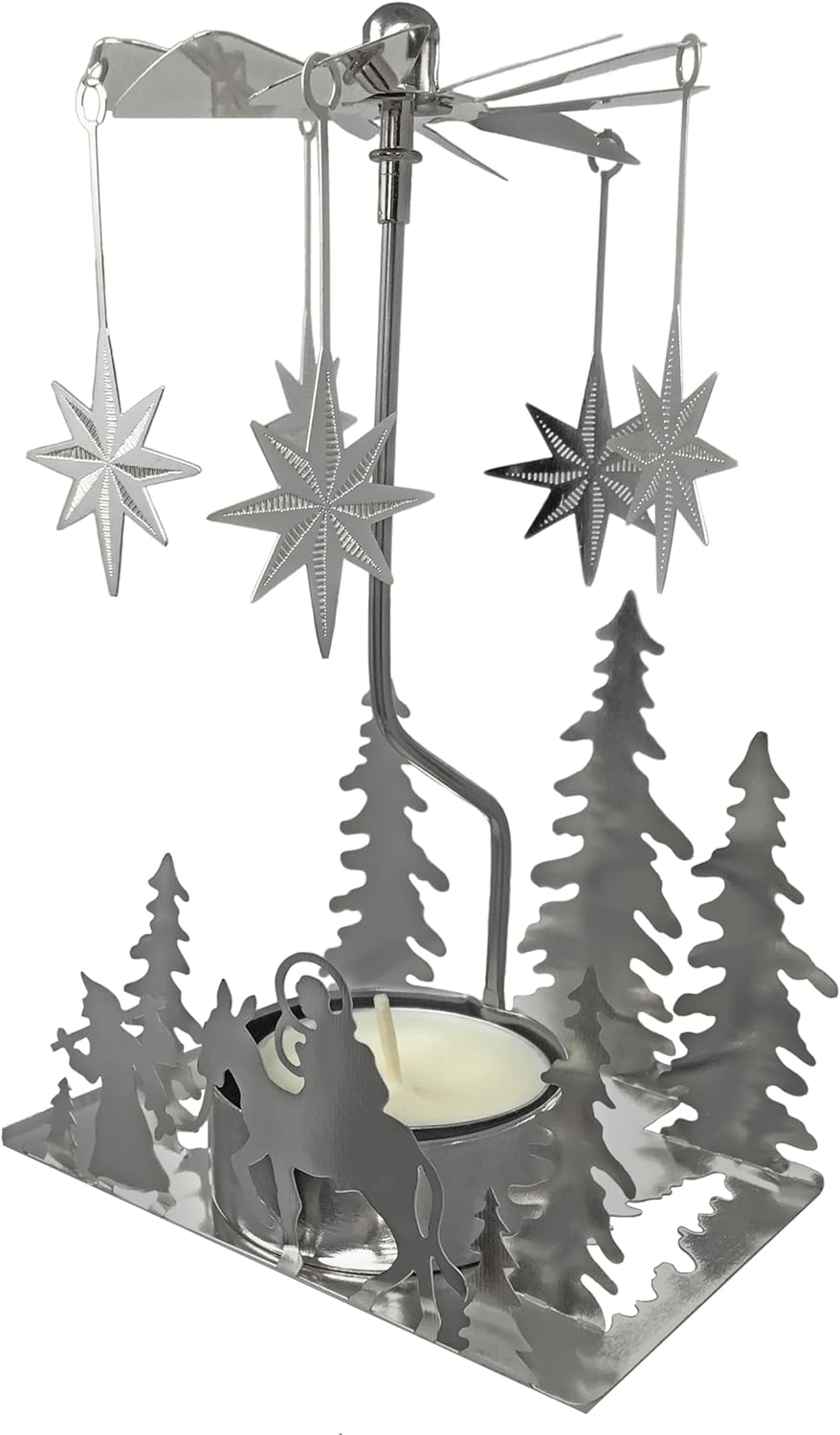 Nativity Candle Spinner - Laser-Cut Silver Tea Light Holder with Nativity Scene & Moravian Stars | 5" H x 3.5" L