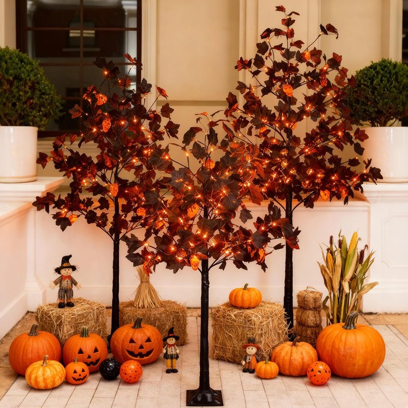 TYBEEU 6ft Black Maple Halloween Tree with LED Skull Lights & Spiders, 160 Bulbs, Dimmable Timer, 16ft Cord, Indoor & Outdoor Decor