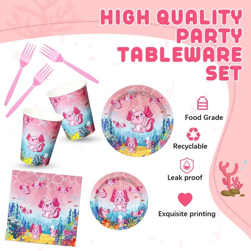 Yiyiring 180 Pcs Pink Cartoon Axolotl Plates Napkins Cups Forks Party Supplies Pink Reptile Animals Disposable Tableware Set Axolotl Birthday Decorations for Girls Animal Cartoon Party Serves 30