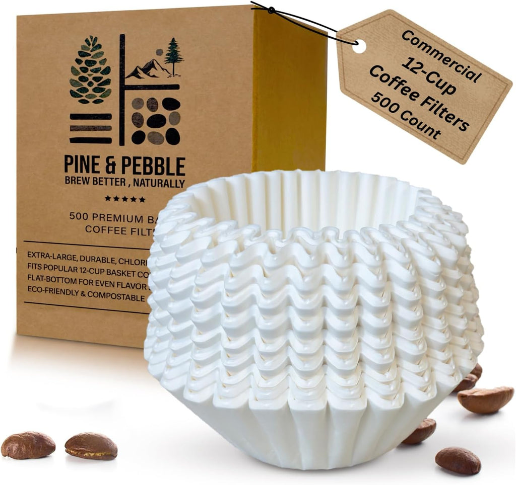 Pine & Pebble® 12-Cup Coffee Filters - 500 Count Tall-Walled Basket Style | No Grounds, No Mess | Fits BUNN & Standard Makers