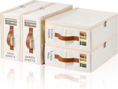 Bed Sheet Organizer 4 Pack - Zippered Storage Solutions with Labels & Handles for Linen Closet | Insect-Proof Design