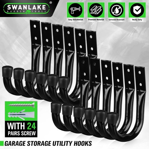 Heavy Duty Garage Storage Hooks - 12-Piece Bike Wall Mount J Hooks | Large Metal Organizer for Tools & Cords