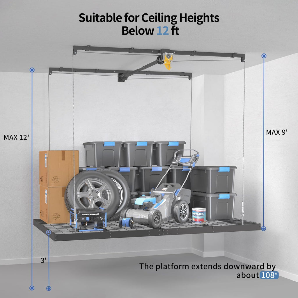 Overhead Garage Storage Rack - Heavy-Duty 4x8 FT Ceiling Mounted Lift System with Safety Lock | 325 lbs Capacity