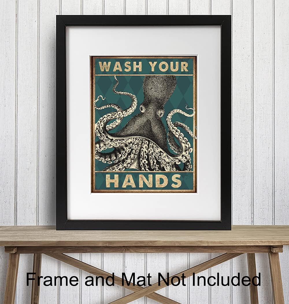 Octopus Nautical Bathroom Wall Art - Funny Beach Decor | Unique Wash Your Hands Sign - Cute Restroom Artwork