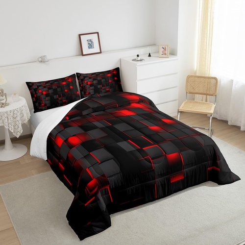 Feelyou Red and Black Bedding Set Queen Size Light Geometric Comforter Set for Kids Boys Girls Decor Comforter Modern Duvet Set